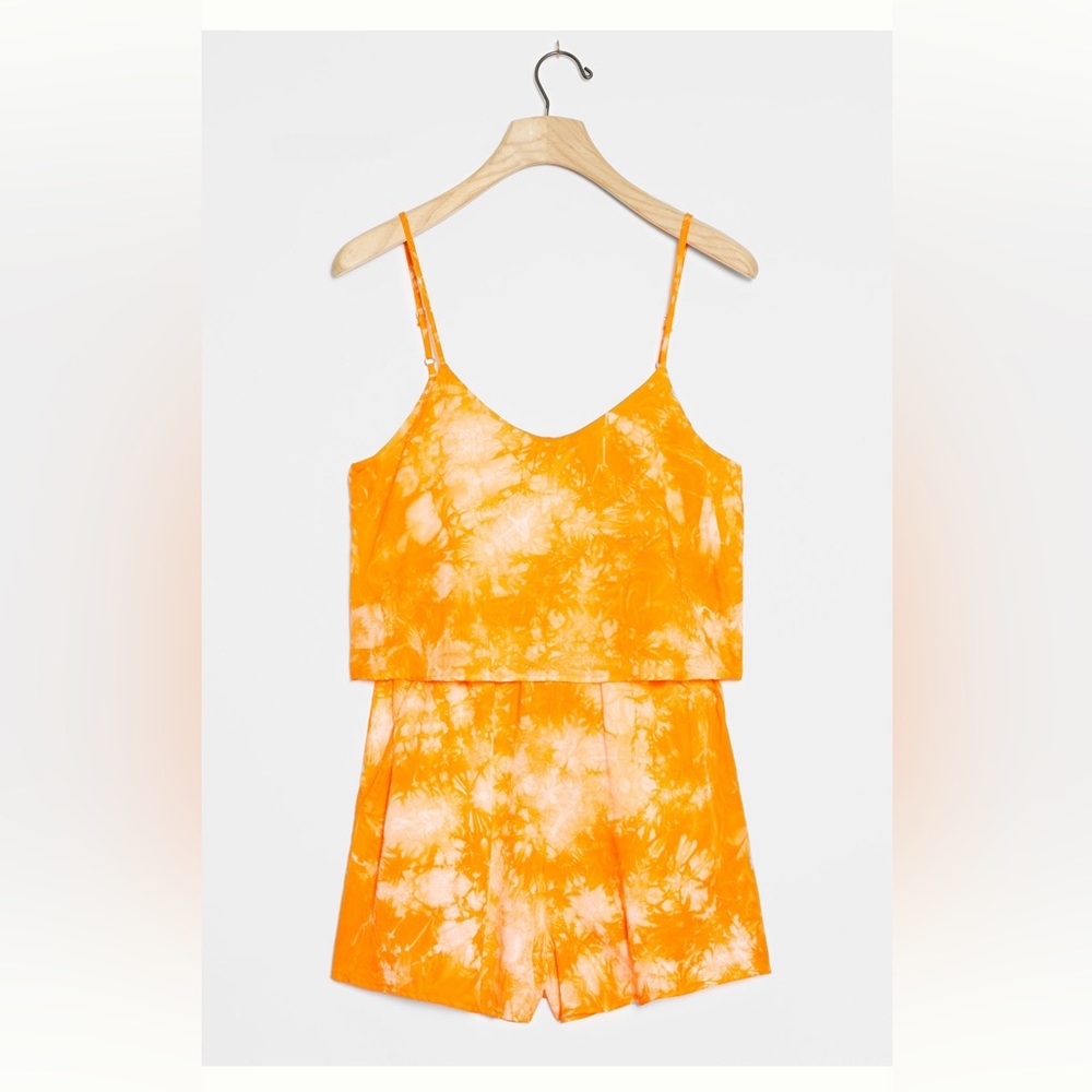 Bright orange tie dye Anthropologie romper. Amadi Emira Tie Dye Romper size S